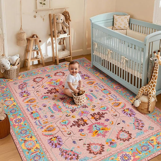 Pink Living Room Area Rug Washable 5x7 Non Slip Low Pile Oushak Vintage Oushak Stain Resistant Soft Oriental Carpet for Bedroom, Dining Room, Kitchen, Leisure Room, Nova Peony