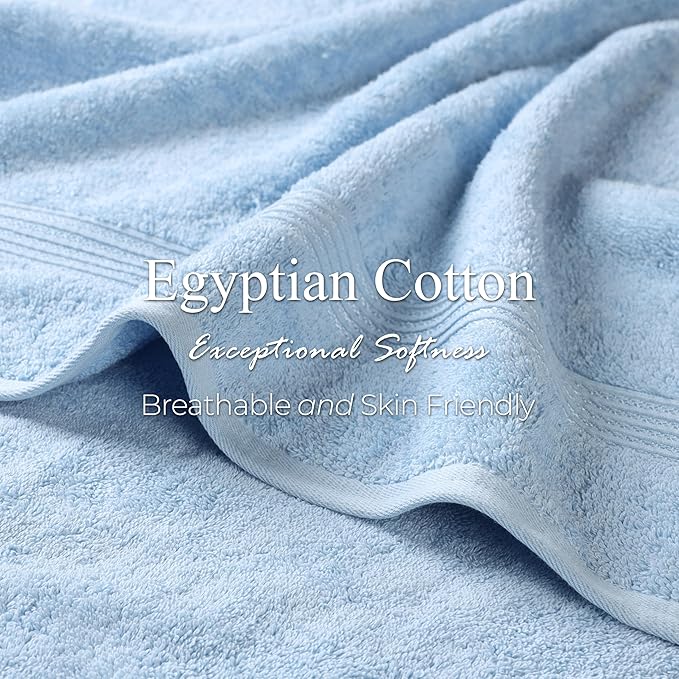 Superior Heritage Egyptian Cotton Bath Towel Set, Large Body Towels for Home Bathroom, Master, Guest Bath Decor, Plush, Absorbent Basics, Spa, Hotel, Resort, Luxury Essentials, Set of 4, Light Blue