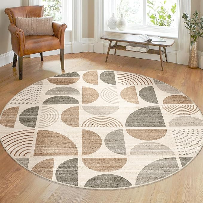 MUJOO Round Rugs 5ft,Circle Area Rug Washable,Circular Rugs for Living Room Dining Room,Boho Non Slip Throw Floor Carpet Modern Abstract Bohemian Neutral Beige