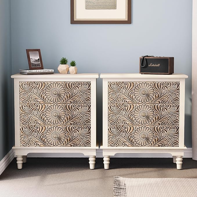 HOMPUS Nightstands Set of 2, White Nightstand with 3 Storage Drawers, Night Stand w Flower Pattern, Bedside Table Set of 2, Accent Table for Bedroom, Apartment, Light Grey Grain