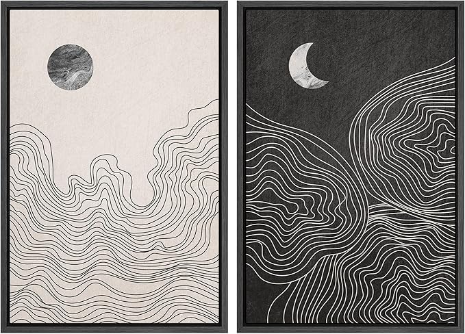 IDEA4WALL Framed Canvas Print Wall Art Set Watercolor Pastel Duotone Sun Moon Abstract Nature Illustrations Modern Art Chic Landscape Neon for Living Room, Bedroom, Office - 24"x36"x2 Black
