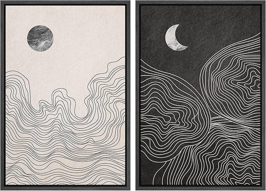 IDEA4WALL Framed Canvas Print Wall Art Set Watercolor Pastel Duotone Sun Moon Abstract Nature Illustrations Modern Art Chic Landscape Neon for Living Room, Bedroom, Office - 24"x36"x2 Black
