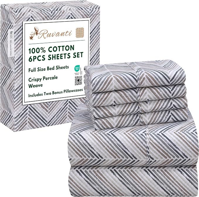 RUVANTI 100% Cotton Percale Sheets Full Size 6 Piece Set, Cooling Bed Sheets for Hot Sleepers, Deep Pocket 16”, Breathable Lightweight & Durable, Crisp Hotel Style Sheets, Inverted Streak