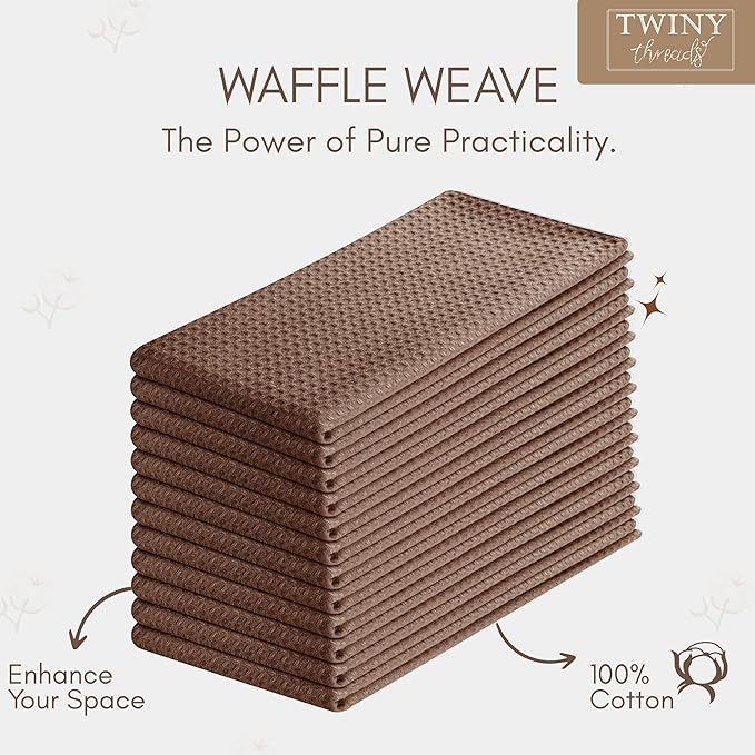 TWINY threads Dish Towel Waffle Texture, Pack of 4, 16x26 Inches, Large 100% Cotton Kitchen Linen Set, Absorbent Cloths for Drying Dishes and Cookware, Quick Drying, Machine Washable, Brown