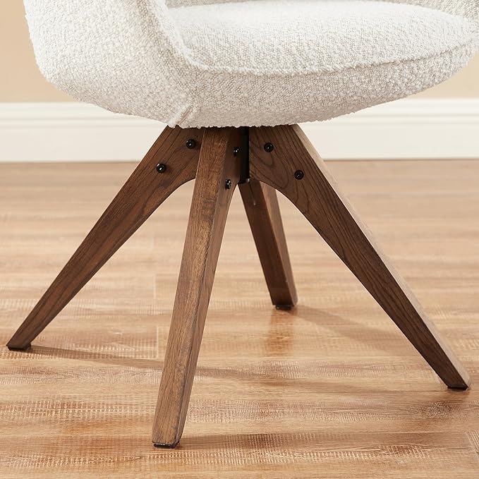 Art Leon Desk Chair No Wheels, Mid Century Modern Office Chair, Swivel Accent Chair with Oak Wood Legs, Boucle Fabric Upholstered Arm Chair, White