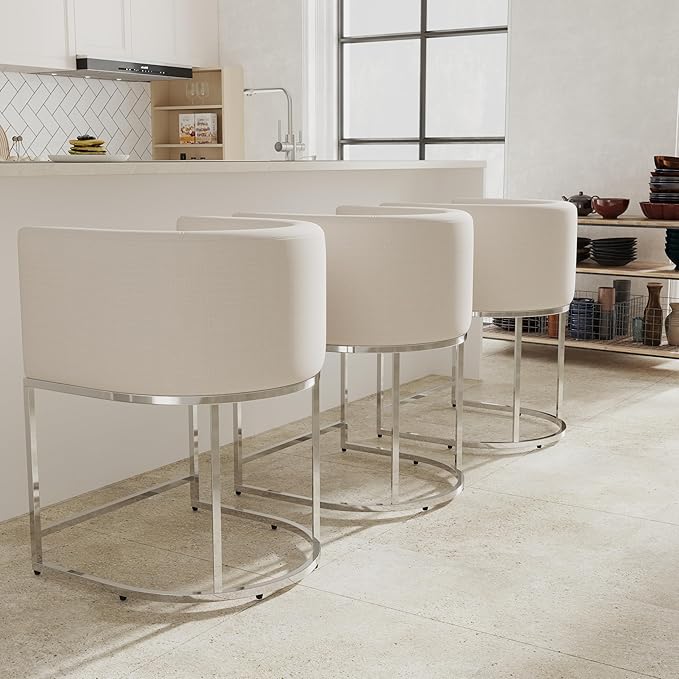 Contemporary Cream Linen Bar Stool, 24" Upholstered Fabric Counter Height Barstool Kitchen Counter Island Stool with Screwed Together Chrome Finish Base