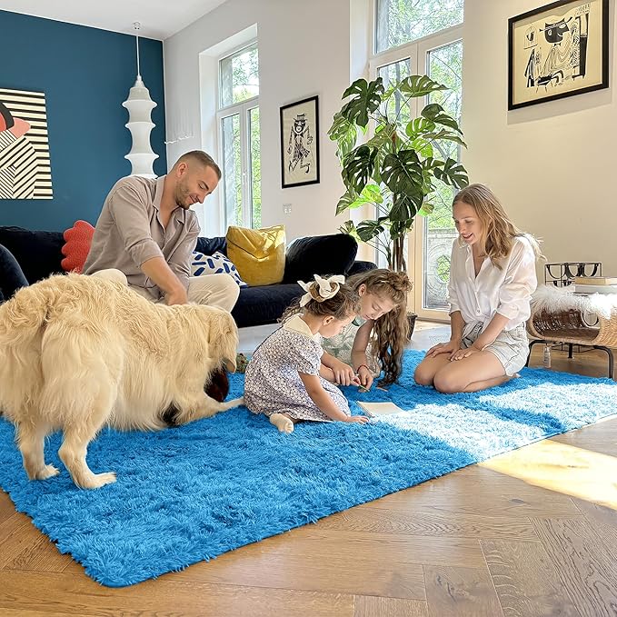 OLANLY 2x4 Machine Washable Runner Rugs for Hallway, Soft Fluffy Shaggy Bedside Rugs for Bedroom, Living Room, Indoor Floor Carpet for Kids Girls and Boys, Home Decor Aesthetic, Bright Blue
