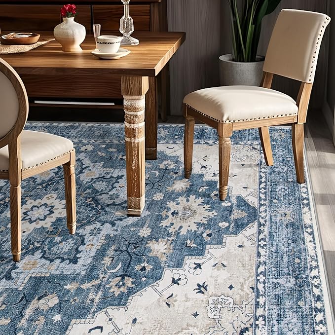 Area Rug 5x7 Vintage Rug: Washable Indoor Medallion Rugs Low Pile Distressed Floor Carpet Retro Accent Rug for Living Room Bedroom Kitchen Dining Table Home Office(Blue, 5'x7')