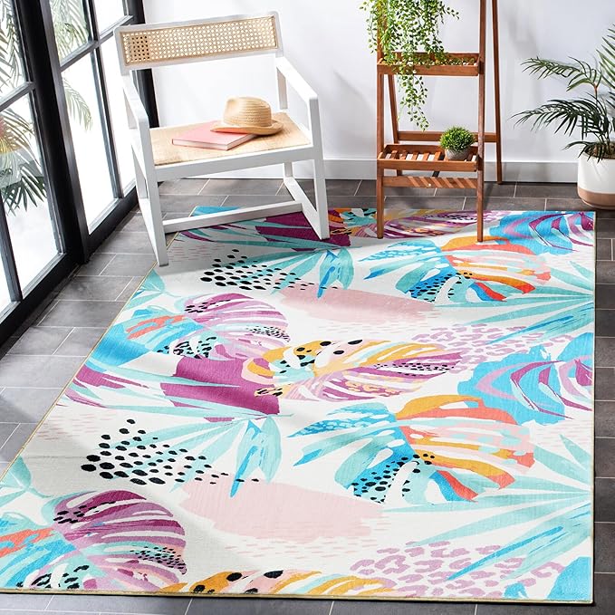 RoomTalks Tropical Leaves Washable Rug, Colorful Pink Blue Boho Cute Floral Aesthetic 3x5 Area Rugs for Bedroom Dorm Living Room Kitchen, Modern Abstract Art Palm Leaf Thin Indoor Entryway Carpet