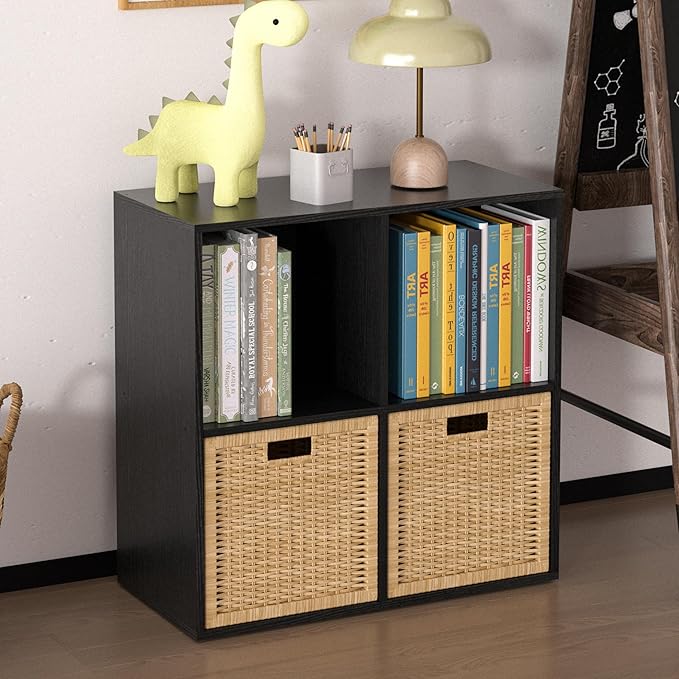 Wooden 4 Cube Storage Organizer with Closed Back Panel,White Cube Shelf Cubby Storage Organizers with Compartments for Living,Bookshelf,Organizers Easy to Install (Black, 4 Cube)
