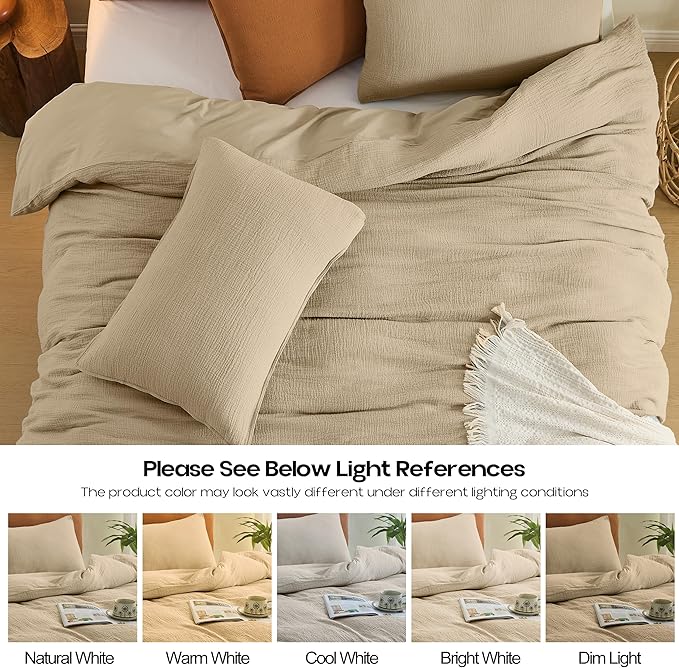 Simple&Opulence Linen Muslin Duvet Cover Set Queen Size, 3Pcs Camel Linen Cotton 3-Layer Gauze Minimalist Comforter Cover 88”x92”, Ultra Soft Breathable Seersucker Bedding Set with 2 Pillowcases