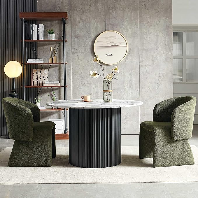 NORDICANA 3-Piece Round Dining Table Set for 2, Modern 47-Inch Kitchen Table and Chair Set, Dining Set with Dark Green Upholstered Armchairs, Manufactured Wood Top with White Marble Effect Finish