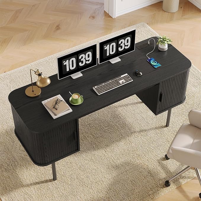 ONBRILL 63 Inch Fluted Computer Desk with Charging Station, Mid Century Executive Desk with 2 Storage Cabinets, Modern Home Office Large Desk with Metal Legs for Working, Studying, Writing, Black