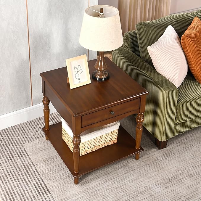 2-Set Solid Wood End Table with Drawer and Storage Shelf, Anne Queen Designed Beside Table with Solid Wood Roman Legs, Square Accent Tables and Meeting Table for Living Room, Bedroom Cherry Brown
