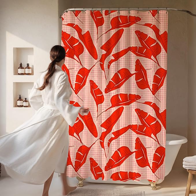 Pink Red Banana Leaf Print Shower Curtain - Tropical Palm Pattern - Modern Maximalist Home Decor - Bold Colorful Hotel Style Fabric Shower Curtain For Any Bathroom - 72x72 Inches (Red Palms)