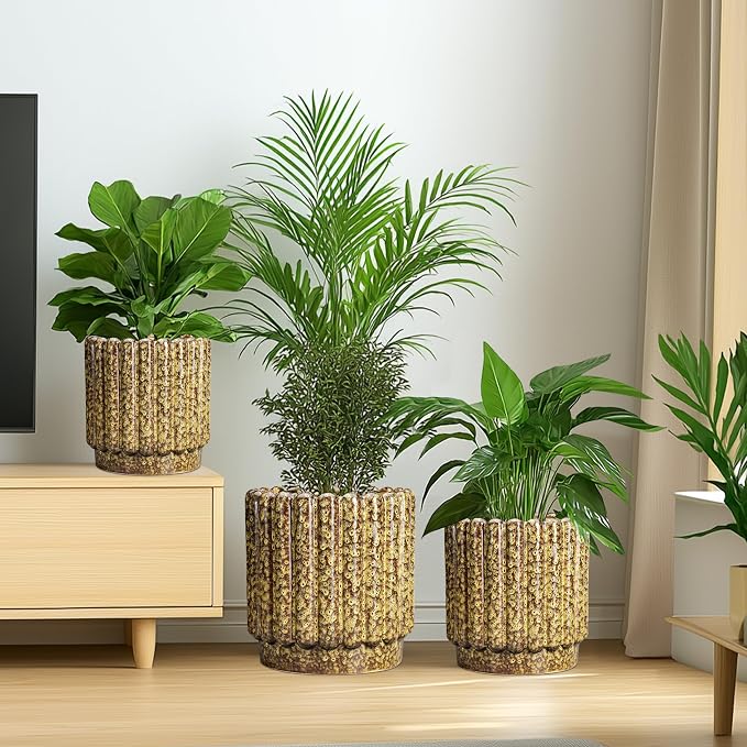 Ceramicfor Ceramic Planter - 7.6 Inch Ceramic Plant Pots Indoor, Round Flower Pots with Drainage Hole, Fluted Decorative Outdoor Planters, Office Home Decor, Plant Lover Gifts, Yellow