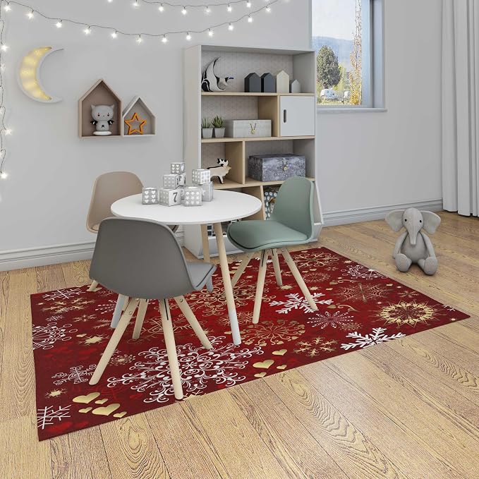 Ansouyi Non-Slip 5x7 ft Area Rugs, Washable Rug Carpet for Living Room, Red Christmas with Gold and White Snowflakes Home Decor Rugs for Game Room Classroom Bedroom Dining Kindergarten Room