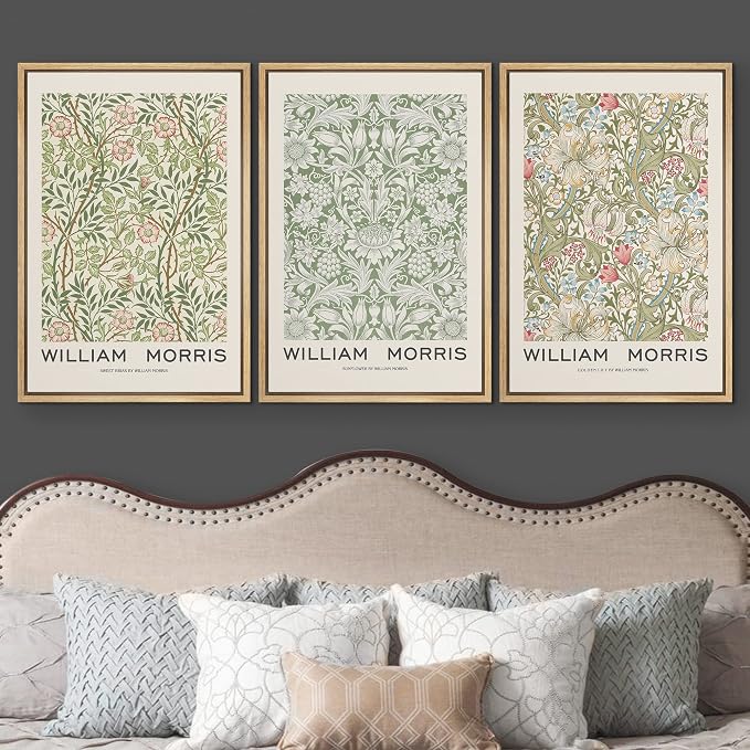 wall26 Framed Canvas Print Wall Art Set William Morris Flower Pattern Tapestries Nature Floral Illustrations Fine Art Decorative Botanical Rustic for Living Room, Bedroom, Office - 24"x36"x3 Natural