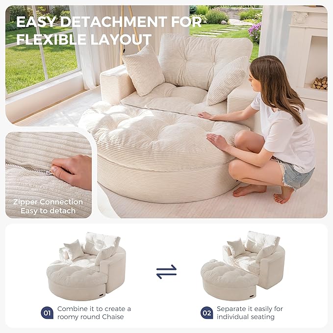 MAXYOYO Oversized Round Chaise Lounge Sofa, Upholstered Lounge Chair with 3 Pillows, Boneless Sofa Couch with Ottoman, Deep Seat Chair for Living Room, Bedroom, No Assembly, Beige