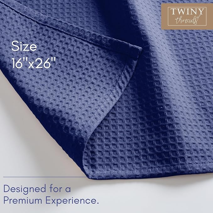 TWINY threads Kitchen Dish Towels Set of 4, 100% Cotton Waffle Weave, Absorbent Dishcloth & Tea Towel with Hanging Loop, Reusable for Table Cleaning, Quick Drying - 16x26 Inches - Indigo Blue