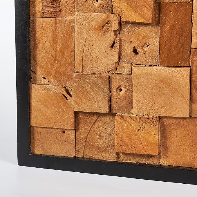 Warmaxx Rustic Teak Wood Framed Wall Decor Aesthetic 17''x17 Farmhouse Geometric Block Wall Art Christmas Decoration Home Living Room Bedroom Office Handmade Square Wooden Slatted Collage