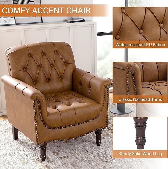 Faux Leather Club Chair, Retro Upholstered Armchair Accent Chair with Solid Wood Legs & Nailhead Trim for Living Room, Bedroom, Reading Room, Camel