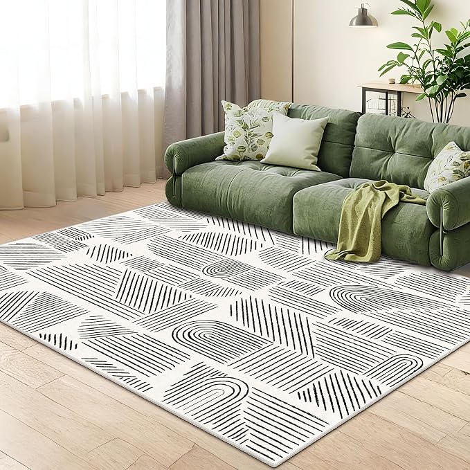 MUJOO 5x7 Washable Area Rug,Mid Century Modern Abstract Non Slip Low Pile Rug,White and Black Rug for Living Room Bedroom Dining Room