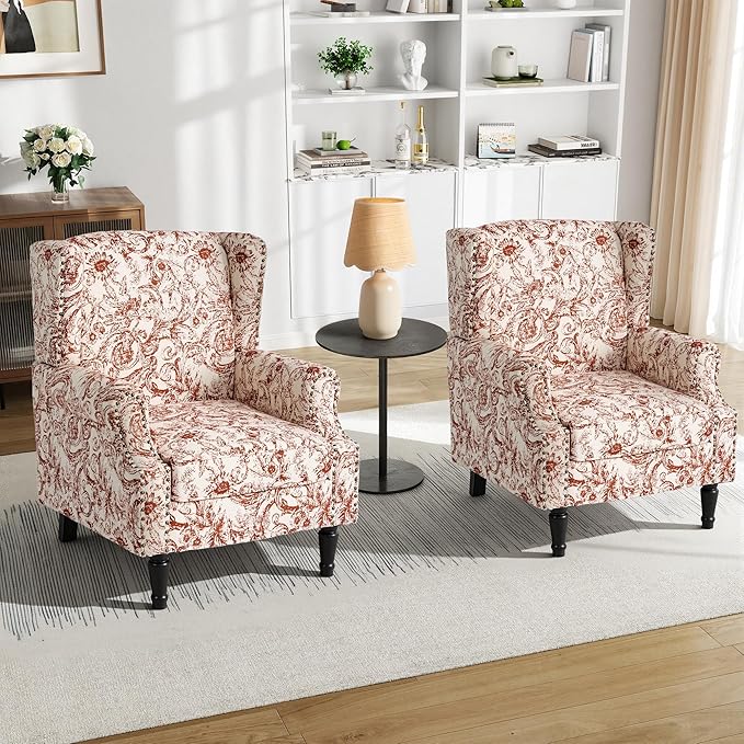 Pia Ricco Set of 2 Floral Accent Chairs, High Back Upholstered Armchairs with Retro Wingback Design, Nailhead Trim & Solid Wood Legs for Living Room Bedroom Home Office(Rococo Orange)