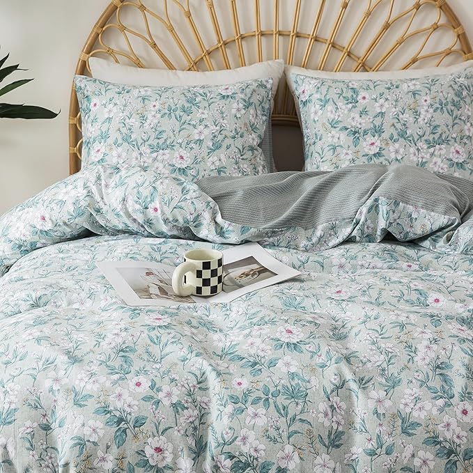 HoneiLife Botanical Duvet Cover King - 100% Cotton Comforter Cover 3-PC, Floral Bedlinen Set with Zipper Closure & Corner Ties, Wildflower Comforter Cover Sets, Greenery