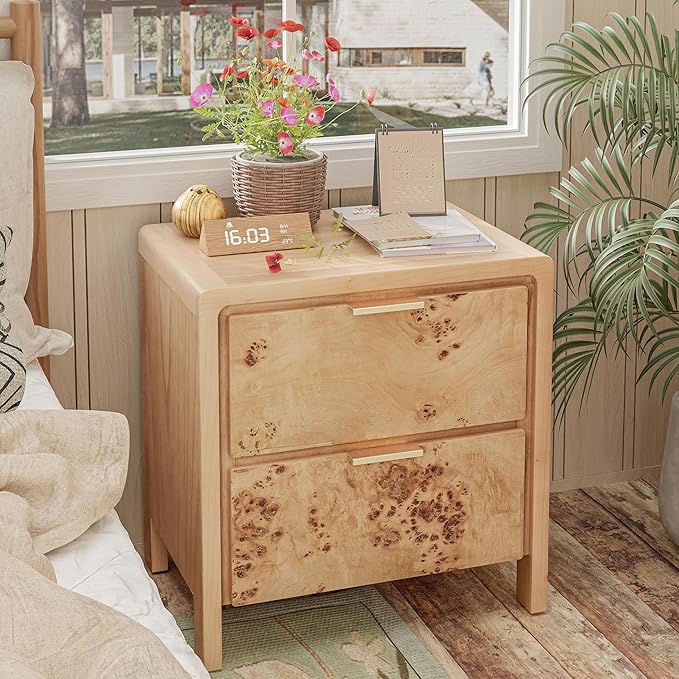 COZAYH Farmhouse Nightstand Set of 2 with Drawer, Distressed Wood Retro Accent Bedside Table, Fully Assembled Side Table for Bedroom, Rustic, Natural, Burl