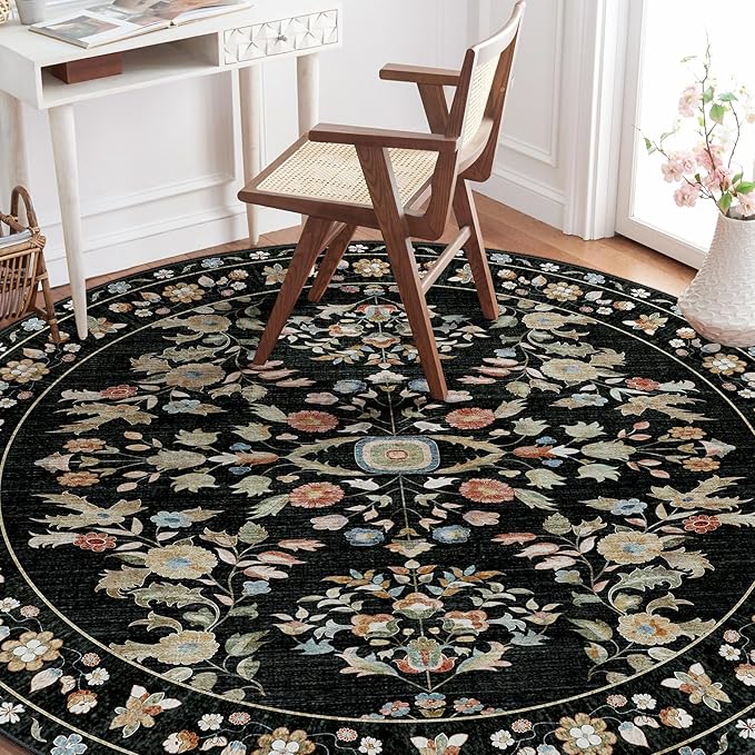MUJOO Round Rug 5ft,Black Circle Area Rug Washable,Circular Rugs for Bedroom Living Room,Boho Non Slip Throw Carpet Vintage Floral