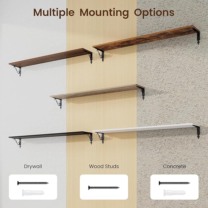 RICHFOCUS Floating Shelves for Wall Decor, 47.3W x 8D Shelves Set of 2, 8 Inch Deep Rustic Wood Shelves Wall Mounted with Brackets, Long Floating Shelves for Living Room Bedroom Kitchen, Grey