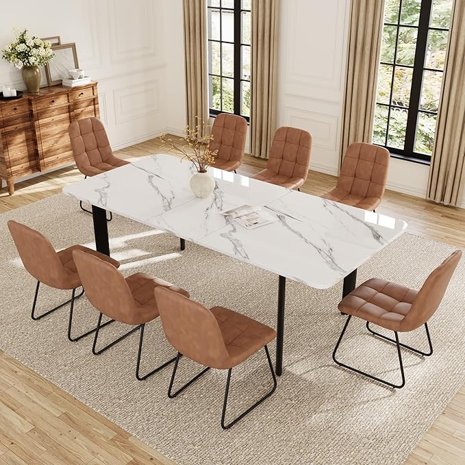 Extendable Dining Table Set for 6-8 People, 63 to 78.7 Inch MDF Kitchen Table with 8 Faux Leather Dining Chairs, Space-Saving for Dining Room, Breakfast Nook (White Table & 8 Brown U-Shaped Chairs)