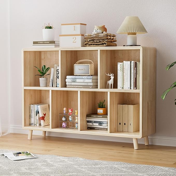 YZU 45" Wide Bookshelf, 7 Cube Storage Organizer, Solid Wood for Home, Office, Natural Wood