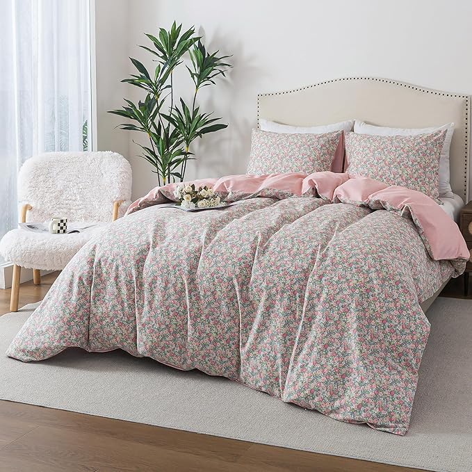 HoneiLife Floral Duvet Cover King - 100% Cotton Comforter Cover, Soft & Breathable Bedding Duvet Cover Sets with Zipper Closure & Corner Ties,3-Piece Wildflower Comforter Cover Sets, Rose