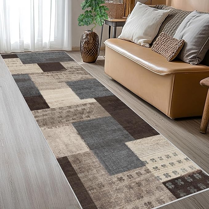 Modern Geometric Patchwork Indoor Runner Rug for Living Room, Blue-Taupe 2.7'x 10' Rug Rockwood Collection Hardwood Floors Decor for Bedroom, Blue Throw Carpet for Office Entryway Dining Room