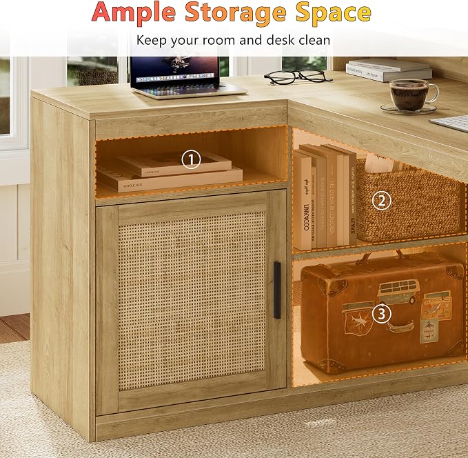 TVU Farmhouse L Shaped Desk with Drawers, 62.2" Home Office Desk with Storage Shelves and Power Outlet, L Shaped Computer Desk with Monitor Stand and Printer Shelf, Oak/Rattan