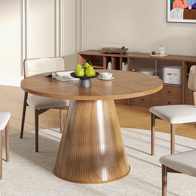 Round Dining Table for 4, Farmhouse Fluted Dining Kitchen Table, 47 Inch Modern Wood Small Circle Dining Table for Kitchen Living Room (Walnut, 47inch)