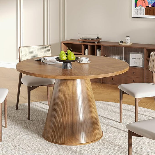 47 inch Round Dining Table for 4-6, Circle Kitchen Table with Sturdy Tapered Base, Mid Century Modern Fluted Dining Tables for Dining Room, Kitchen, Living Room (Walnut, 47inch)