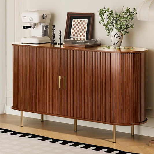 DHH Sideboard Buffet Cabinet with Storage,Mid Century Modern Fluted Accent Coffee Bar Console Table,Tambour Sliding Doors& Adjustable Shelf for Kitchen, Living Room, Entryway(Walnut,55 Inch)