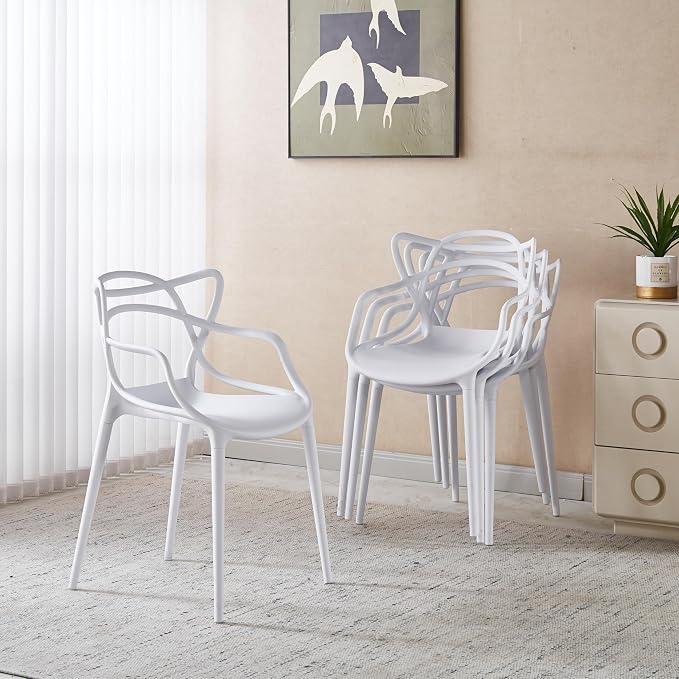 31.5" Round Dining Table Set for 4, Mid Century Modern Round Dining Table with 4 Chairs, w/Pedestal, White Coffee Table Set for Kitchen Dining Room, Office, Save Space (with 4 Stacking Chairs)