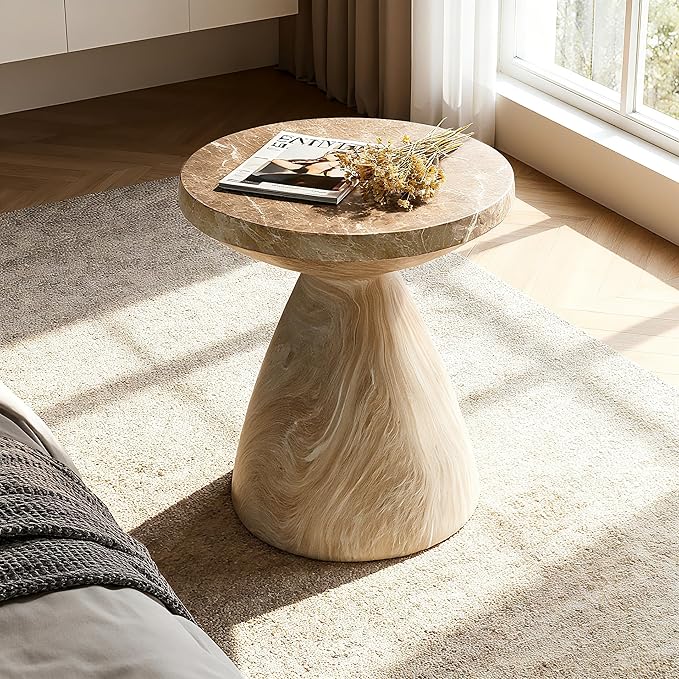 ø17.72'' Faux Concrete Cement Round Side Table End Table, Modern Contemporary Minimalist White Finish Style, MGO & Fiberglass Material for Indoor & Outdoor, No Assembly, Marble