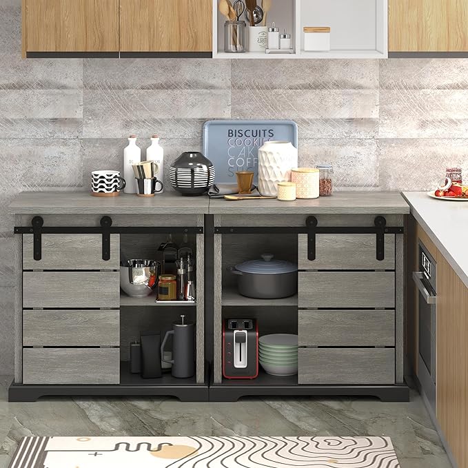 NSdirect Sideboard Coffee Bar Cabinet,Modern Farmhouse Buffet Station Sliding Barn Door Storage Credenza Console with Slat and Shelf Entryway Storage Cabinet Kitchen Dining Living Room, White