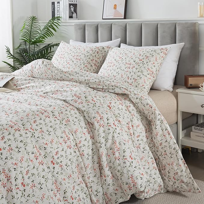 HoneiLife Duvet Dover King Size - 100% Cotton Comforter Cover Floral Duvet Cover Sets, Breathable Duvet Cover with Zipper Closure & Corner Ties, 3-PC Wildflower Comforter Cover Sets, Red Bean