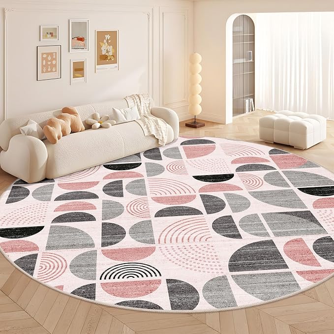 MUJOO Round Rugs 9ft,Circle Area Rug Washable,Circular Rugs for Living Room Dining Room,Large Boho Non Slip Throw Floor Carpet Modern Abstract Pink and Grey