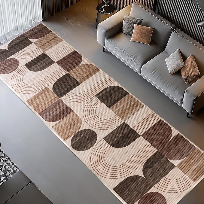 Machine Washable 2.7x8 Runner Rug, Soft Modern Geometric Abstract Brown Rugs for Bedroom Living Room, Non-Shedding Faux Wool Indoor Throw Floor Carpet for Office Entryway Dining Room Decor