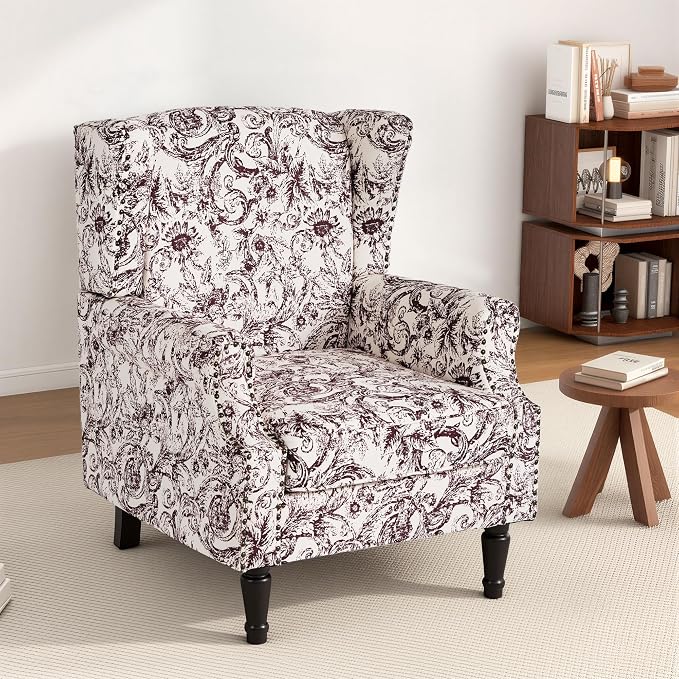 High Back Floral Accent Chair, Fabric Wingback Chair Upholstered Armchair for Living Room - Rococo Plum