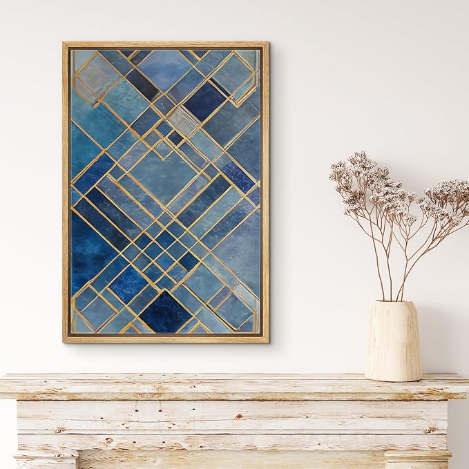 MUDECOR Framed Canvas Print Wall Art Blue and Gold Art Deco Geometric Pattern Illustrations Fine Art Mid-Century Modern Multicolor for Living Room, Bedroom, Office - 24"x36" NATURAL
