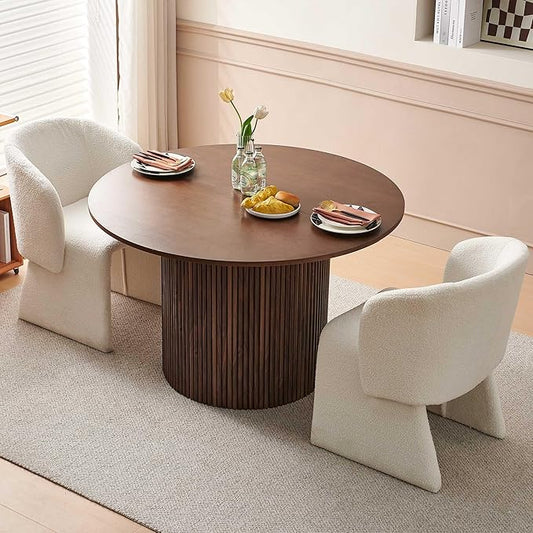 NORDICANA 3-Piece Round Dining Table Set for 2, Rustic 47-Inch Kitchen Table and Chair Set, Dining Set with Off White Upholstered Armchairs, Manufactured Wood Top with Walnut Veneer