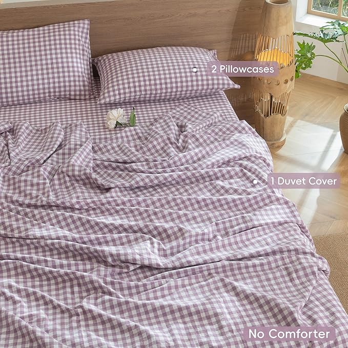 MooMee Gingham Duvet Cover Set 100% Washed Cotton Linen Like Textured Breathable Durable Soft Comfy Modern Checkered Design (Classic Gingham Light Purple, Queen 90"x90")